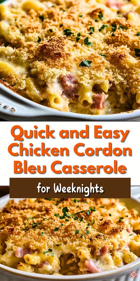 Simplify your favorite chicken cordon bleu with this easy casserole recipe! It’s loaded with tender chicken, savory ham, creamy sauce, and melted cheese for a dish that’s both comforting and crowd-pleasing. Save this pin for later or click to get the recipe now! Cordonbleu Chicken Casserole Recipe, Chicken Tenderloin Casserole, Chicken Court On Blue Recipes, Light Casserole Recipes, Meal Ideas For A Crowd, Blue Collar Lunch Ideas, Easy Chicken Cordon Bleu Casserole, Easy Casserole Recipe, Easy Chicken Cordon Bleu