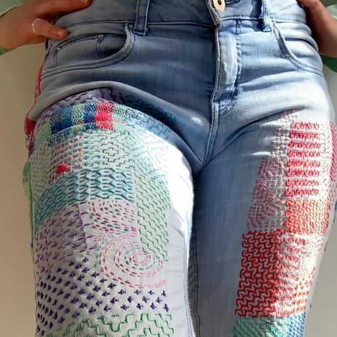 Collingwood-Norris Mending on Instagram: "As a teenager I used to buy second hand jeans and customise them-adding flares or embroidery. Visible mending just seems like a very practical extension of that- it fixes my jeans while also making them completely unique, and I love that combination.  . For more information on mending jeans, head over to my blog- just follow the link in my bio.  . . . #visiblecreativemending #visiblemending #darning #repair #creativemending #makdoandmend #lovedclotheslast #multicoloured #designermaker #mending #mendingmatters #createmakeshare #reducewaste #sustainableclothing #slowfashion #sustainabletextiles #fixitdontditchit #betterfortheplanet #jeansrepair #denimrepair #handstitched #sashiko #intuitivestitching #sashikoinspired  #designledmending #repairdontrepl Visible Mending Belt Loop, Visible Mending Jeans Inner Thigh, Visible Mending Jeans, Sashiko Jeans, Mending Jeans, Creative Mending, Denim Repair, Mending Clothes, Make Do And Mend