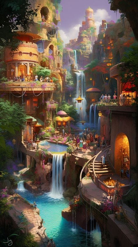 Tropical Kingdom Fantasy Art, Oasis Kingdom Fantasy Art, Fantasy Mexican City, Island City Fantasy Art, Summer Kingdom Fantasy Art, Fantasy Tropical Village, Oasis City Fantasy Art, Fantasy Oasis Art, Island People Fantasy Art