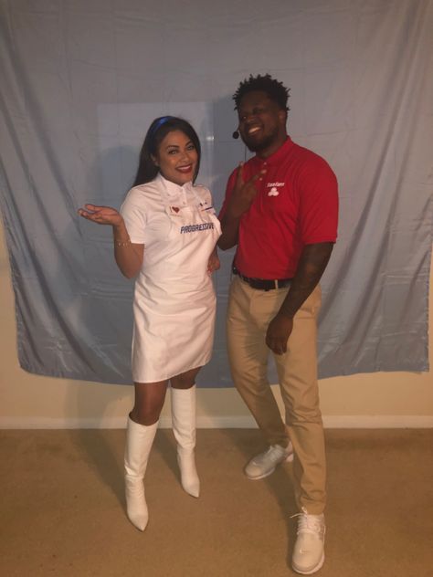 Couple halloween costume. Flow from progressive and Jake from state farm. Matching Costumes For Duos, Dynamic Duos Friends, Flo From Progressive And Jake From State Farm Costume, Couples Costumes Black Hair, Flo And Jake From State Farm Costume, Jake From State Farm And Flo Costume, Dymanic Duo Spirit Week, Flo And Jake Costume, Jake And Flo Halloween Costumes