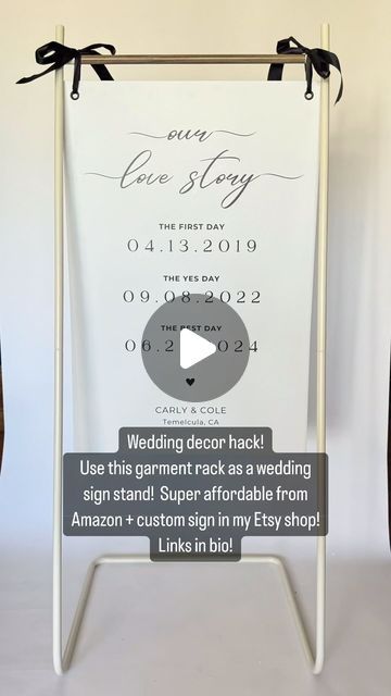 @diyupcycledesigns on Instagram: "This garment rack is the perfect size to double as a sign stand!! Makes for a super easy and affordable wedding sign stand from amazon!  This is available in black and white, this is by far my favroite since the assembly is so easy, I have my affiliate link in my bio!  This sign is the 24”x36” foam core sign that is also available in my etsy store with different design options!  I have welcome sign versions, ceremony signs and this love story sign!  My goal is to help make decor a little easier and less stressful on brides to be and also help them save a little money doing so!! Let me know if you have any questions! #amazonaffiliate #commisionearned #bride #bridetobe #2024bride #2024wedding #weddingideas #wedding #weddingdecor #diywedding #budgetwedding #d Diy Welcome Sign Stand, Ikea Rack Wedding Sign, Ikea Clothing Rack Wedding Sign, Diy Sign Stand, Wedding Sign Stand, Ikea Rack, Wedding Sign Diy, Large Wedding Signs, Wedding Renewal