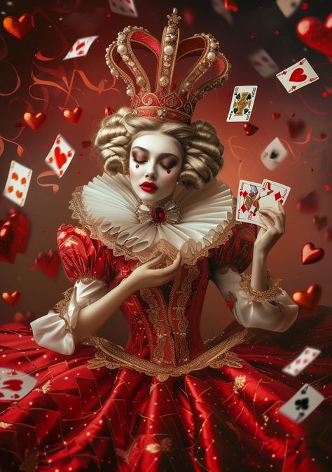 Midjourney Feed Alice In Wonderland Aesthetic Queen Of Hearts, Queen Of Hearts Photoshoot, Queen Of Hearts Photography, Queen Of Hearts Artwork, Queen From Alice In Wonderland, Red Queen Alice In Wonderland, Alice In Wonderland Heart Queen, Queen Of Hearts Alice, Beverage Poster