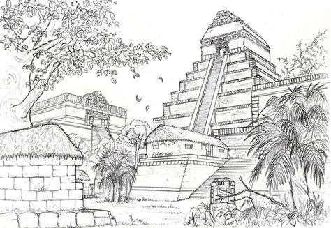 Mayan Drawings, Mayan City Concept Art, Mayan Pyramids Art, Mayan Temple Art, Ancient Mayan Architecture, Aztec Pyramids, Mayan Structures, Art Chicano, Art History Timeline