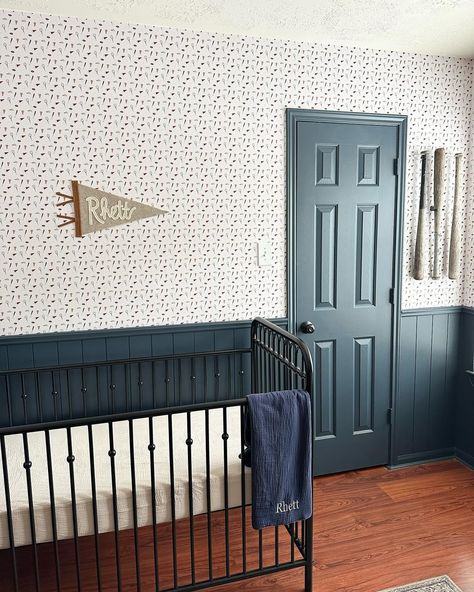 I’ve spent years collecting all these vintage baseball items. Seeing this room finally come together has been so rewarding! The wallpaper from @loomwell really was the final touch it needed. I’m pretty obsessed with this room ⚾️ • #vintagestyle #boysroomdecor #baseballthemedroom #vintagebaseball #baseball Boys Room With Chair Rail, Boys Bedroom With Wallpaper, Boys Room Plaid Wallpaper, Navy Wallpaper Accent Wall, Dark Blue Nursery, Wallpaper For Boys Room, Nursery Seating, Boys Room Wallpaper, Tree Wallpaper Mural