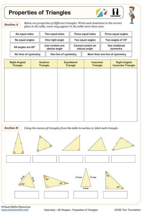 Enhance your understanding of triangle properties and geometric problem-solving with this informative worksheet tailored for Year 7 students. Delve into the classification of different triangle types and boost your knowledge in geometry effortlessly. Great resource for young learners seeking to grasp foundational concepts in a clear and engaging manner. Types Of Triangles Worksheet, Properties Of Triangles, Year 9 Maths Worksheets, Ks3 Maths Worksheets, Year 8 Maths Worksheets, Ks1 Maths Worksheets, Year 6 Maths Worksheets, Year 5 Maths Worksheets, Year 7 Maths Worksheets