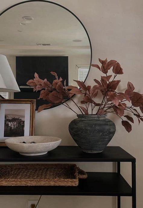 20 Aesthetic Fall Decor Ideas for The Home » Lady Decluttered Moody Thanksgiving Decor, Moody Apartment Aesthetic, Fall 2024 Decor Trends, Fall Console Table Decor, Moody Fall Decor, Indoor Fall Decor Ideas, Fall House Decor, Fall Entry Table, Fall Apartment