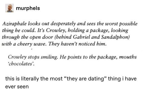 Crowley got Zira chocolates! He’s a sap in love Good Omens Script, Good Omens Script Book, Good Omens Comic Cute, Good Omens Book, Ineffable Husbands, Terry Pratchett, Good Omens, Michael Sheen, Neil Gaiman