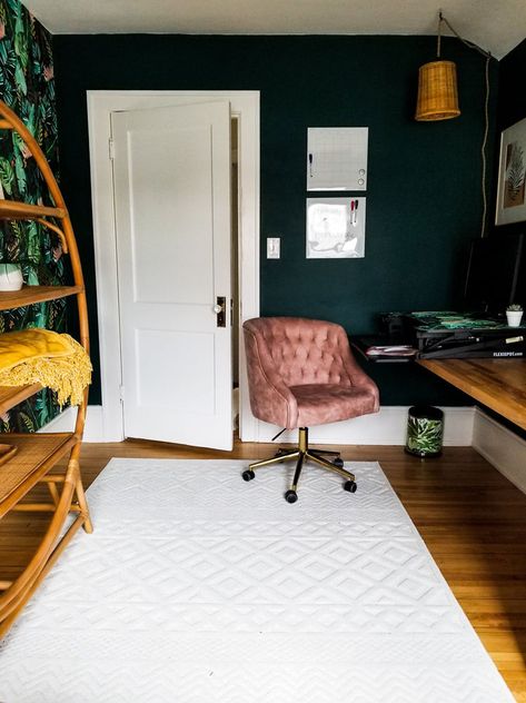 Emerald Green Office Chair, Masculine Boho Office, Dark Bohemian Office, Black Boho Office, Industrial Boho Office, Botanical Home Office, Boho Office Space Workspaces Business, Boho Eclectic Office, Blue Boho Office