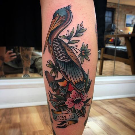 Pelican Nola Tattoo, Louisiana Tattoo, Pelican Tattoo, Reaper Tattoo, Angel Tattoo Designs, Harry Potter Tattoos, Tattoo Cover-up, Traditional Tattoos, Arm Tattoos