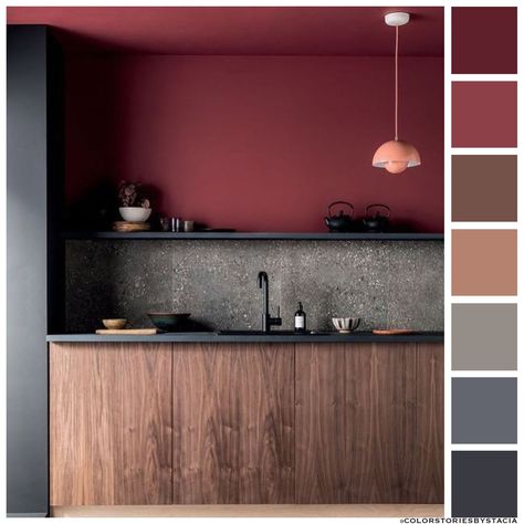 Burgundy Walls, Paint For Kitchen Walls, Kitchen Room Design, Color Harmony, Kitchen Color, Red Walls, Hendrix, Kitchen Style, 인테리어 디자인