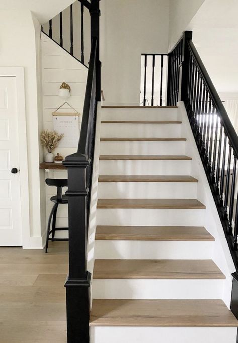 All Black Stairs, Painted Stair Railings, Black Stair Railing, Flagstaff House, Stairs Renovation, Black Stairs, Painted Staircases, Staircase Railing, Gold Living