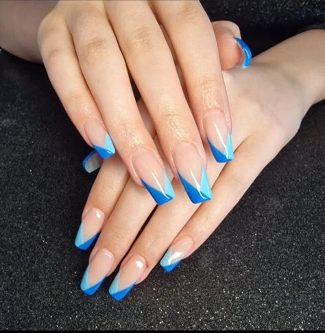 New cute blue french tip acrylic nail design ideas for girls. Two Tone French Tip Nails Blue, Blue French Manicure Designs, Blue Nail Tip Designs, Blue V Tip Nails, Blue French Tip Nails Almond, Nails Blue Tips, Color French Tip, Sqaure Nails, Triangle Nails