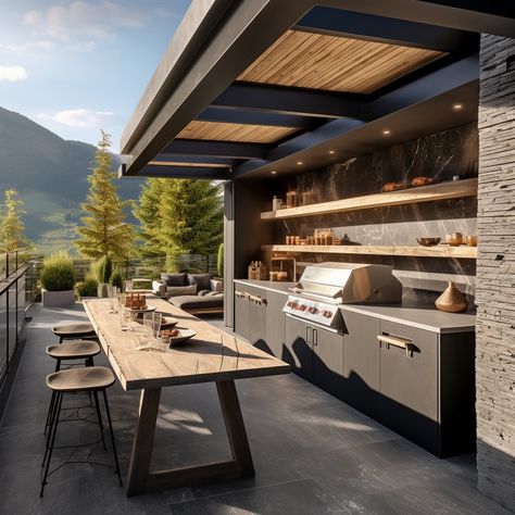 Modern summer kitchens in the mountains Rooftop Outdoor Kitchen, Barbacoa Exterior, Zona Bbq, Deck Pergolas, Rooftop Bbq, Summer Kitchens, Barbeque Design, Summer House Design, Outdoor Panels