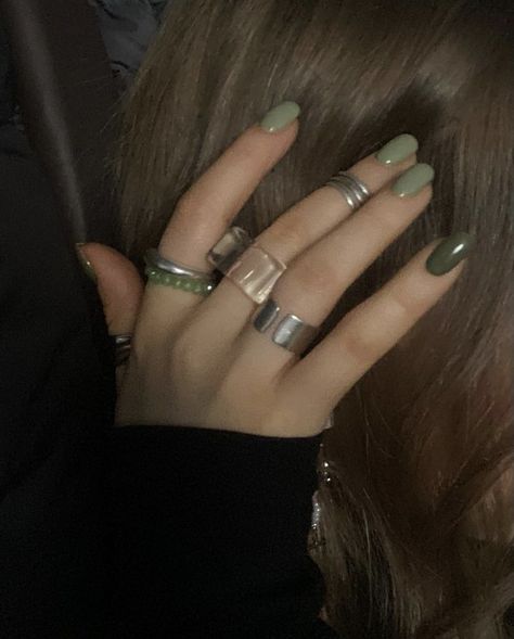 Painted Nails Aesthetic, Nails And Rings, Dark Green Nails, Grunge Nails, Nail Ring, Soft Nails, Round Nails, Funky Nails, Fall Nails