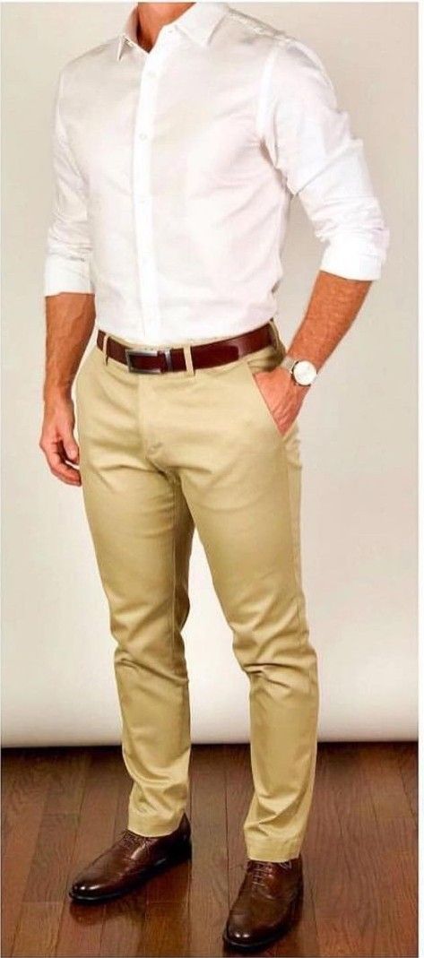 White Shirt And Khaki Pants Men, Kakis Pants Outfit Men Formal, Khaki Wedding Guest Outfit Men, Khakis And White Shirt Wedding, White Shirt Khaki Pants Men Wedding, Khaki Pants White Shirt Men, Groom Khaki Pants White Shirt, Pantalon Caqui Hombre Outfit Formal, White Shirt Beige Pants Men