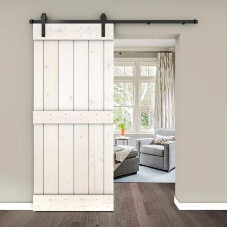 JM HOME Panel Wood Painted Barn Door with Installation Hardware Kit | Wayfair Bypass Barn Door Hardware, Double Sliding Barn Doors, Barn Door Installation, Bypass Barn Door, White Barn Door, Home Panel, Wood Barn Door, Interior Sliding Barn Doors, Barn Door Kit