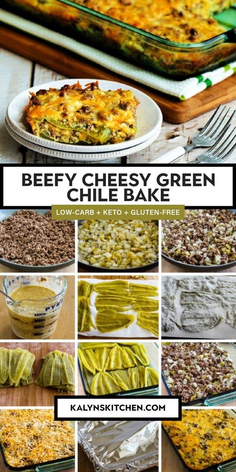 "Pinterest Image of BEEFY CHEESY GREEN CHILE BAKE showing recipe in glass baking dish and on serving plate with forks. Also twelve small images of recipe ingredients in various stages of preparation." Low Carb Mexican, Mexican Casserole, Carb Meals, Easy Dinners, Green Chile, Low Carb Yum, Low Carb Keto, Mexican Food, I Love Food