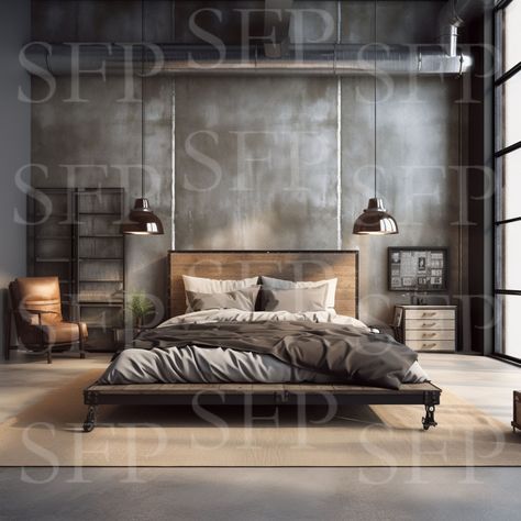 Modern Industrial Bedroom Design, Industrial Chic Bedroom, Rustic Shabby Chic Bedroom, Bedroom Ideas Industrial, Rustic Industrial Bedroom, Modern Industrial Bedroom, Rustic Cabin Living Room, Bedroom Industrial Chic, Industrial Bedroom Design