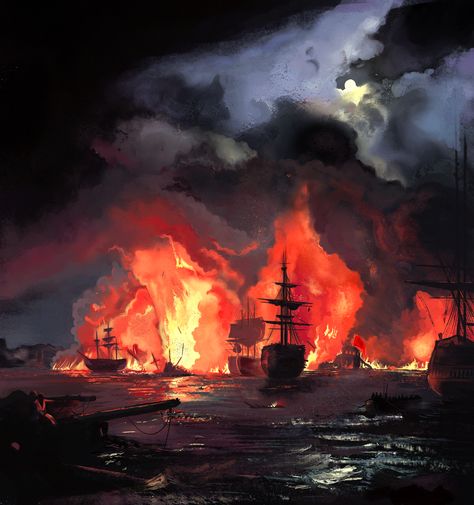 Naval Battle, Ivan Aivazovsky, Sea Pictures, Painting References, Pirate Art, Art Camp, Ship Paintings, Boat Art, Fire Art