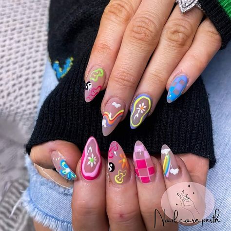 Rainbow Mushroom Nails, Shroom Nails, Mat Nails, Hippie Nail Art, Swirly Nails, Summertime Nails, Matted Nails, Luv Nails, Nails Rainbow