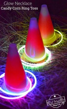 Easy DIY Candy Corn Ring Toss with Glow Necklaces for a Fun Fall, Halloween, or Thanksgiving Game - perfect for kid's school party, harvest parties, or family fun! www.kidfriendlythingstodo.com Candy Corn Ring Toss, Diy Candy Corn, Easy Diy Candy, Toddler Parties, Halloween Games For Kids, Glowing Necklace, Harvest Party, Diy Thanksgiving, Ring Toss