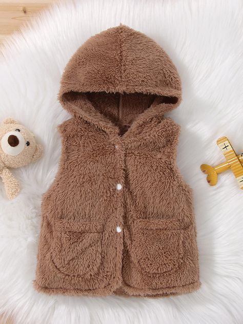 Coffee Brown Casual  Sleeveless Flannel Plain Teddy  Slight Stretch Winter Baby Clothing Sleeveless Flannel, Flannel Vest, Flannel Coat, Baby Flannel, Winter Baby Clothes, Sweet Clothes, Hooded Flannel, Baby Coat, Baby Jacket