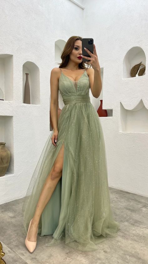 Abi Ball, Sage Green Prom Dress, Dress With Draping, Sage Green Dress, Tulle Evening Dress, Blue Dress Formal, Rope Belt, Prom Designs, Tulle Gown