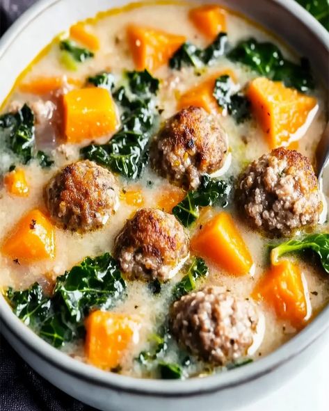 Sweet Potato Meatballs, Soup With Sweet Potato, Turkey Meatball Soup, Italian Meatball Soup, Recipe Sweet Potato, Meatball Soup Recipes, Sweet Potato Kale, Slow Cooker Meatballs, Pork Meatballs