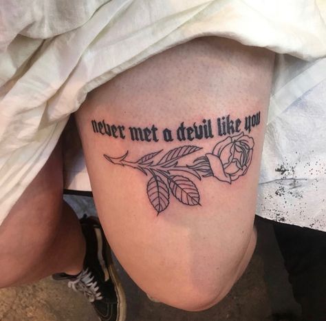 Ex Tattoo, You Did Good Slick Tattoos, Backstabber Tattoo, Old English Text Tattoo, Man Eater Tattoo Ideas, Word Tattoo Stencils, Villain Tattoo, Hell Is Empty All The Devils Are Here Tattoo, Betrayal Tattoo