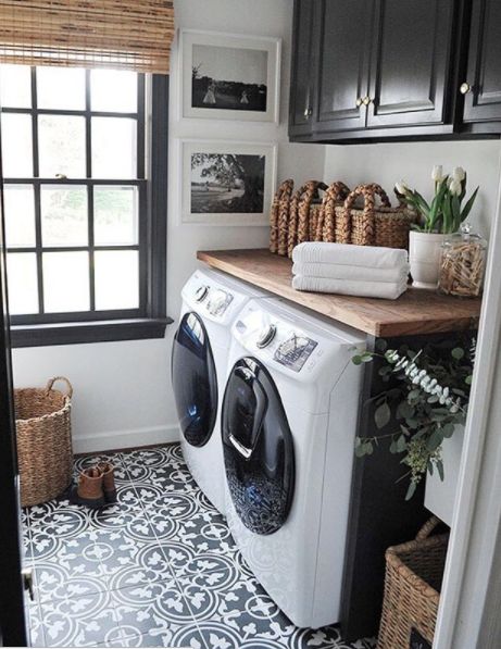 Love the wood counter on top of the laundry appliances Farmhouse Laundry Room Ideas, Modern Farmhouse Laundry Room, Laundry Room/mud Room, Farmhouse Laundry, Farmhouse Laundry Room, Laundry Room Remodel, Laundry Room Inspiration, Small Laundry Room, Small Laundry