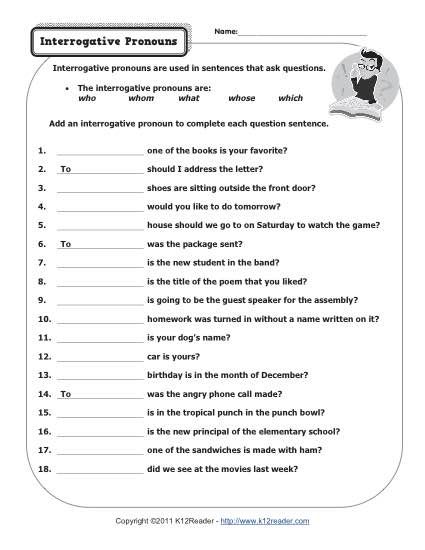 Add an interrogative pronoun to complete each question sentence. Interrogative Pronouns Worksheet, Pronoun Worksheet, Pronoun Grammar, English Pronouns, Pronouns Worksheet, Interrogative Pronouns, Grammar Work, Relative Pronouns, Adjective Worksheet