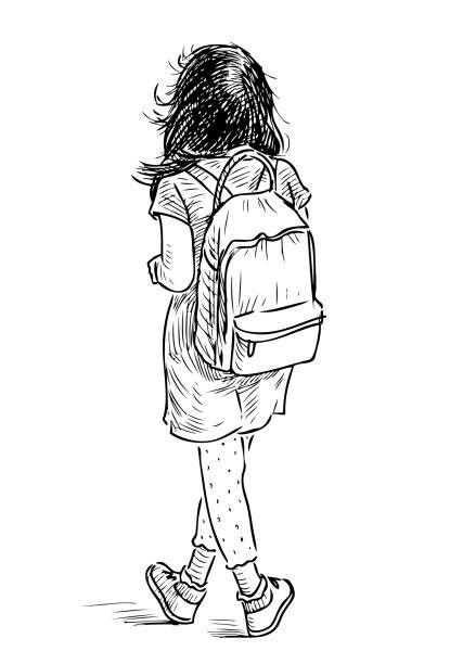 Girl With Backpack, Backpack Drawing, People Hugging, Backpack Art, Female Cartoon Characters, Female Cartoon, Girl Standing, Kid Character, Illustration Girl