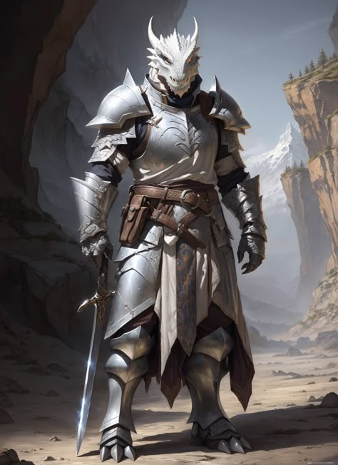 White Dragonborn Paladin, White Dragonborn Male, White Dragonborn Dnd, White Dragonborn, Dragonborn Paladin, Dragonborn Dnd, Dragon Hybrid, Fantasy Knight, Dnd Dragonborn