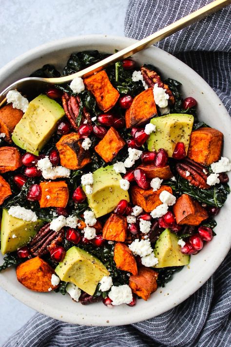 Massaged Kale Salad with Sweet Potatoes | Walder Wellness, Dietitian Pomegranate Goat Cheese, Sweet Potato Juice, Walder Wellness, Kale Sweet Potato, Massaged Kale Salad, Winter Salad Recipes, Massaged Kale, Fresh Summer Salad, Work Lunches