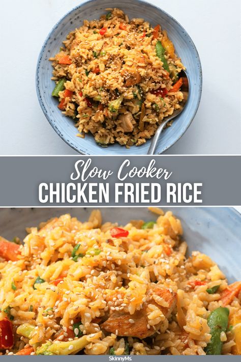 Slow Cooker Chicken Fried Rice Slow Cooker Fried Chicken, Slow Cooker Skinnytaste, Crockpot Skinnytaste Recipes, Chicken Fried Rice Crockpot Recipes, Crock Pot Fried Rice, Fried Rice In Crockpot, Chicken Thigh Fried Rice, Crock Pot Chicken Fried Rice, Slow Cooker Rice Meals