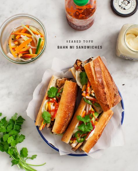 Seared Tofu Banh Mi Sandwiches Banh Mi Sandwich Recipe, Tofu Banh Mi, Seared Tofu, Banh Mi Recipe, Vietnamese Sandwich, Banh Mi Sandwich, Bahn Mi, Pickled Veggies, Vegan Sandwich