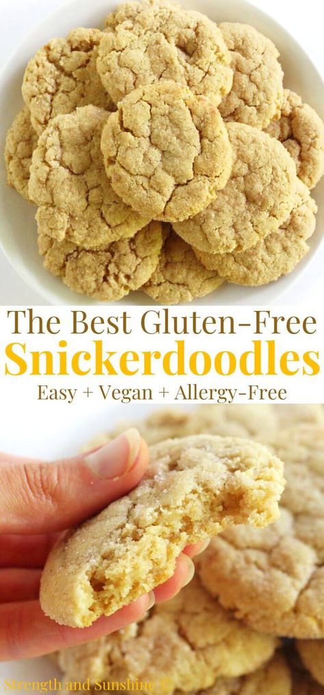 These soft and chewy Gluten-Free Snickerdoodles are unbelievably easy, vegan, dairy-free, and allergy-free! The best classic snickerdoodle cookies with a tender buttery bite, loaded with cinnamon, sweetness, and a subtle tang! The holiday and Christmas season isn't complete without baking a batch of this simple perfected snickerdoodle recipe! Gluten Free Snickerdoodle Cookies, Chocolate Covered Banana Bites, Vegan Snickerdoodles, Vegan Cookie Recipes, Gluten Free Snickerdoodles, Strawberry Oatmeal Bars, Healthy Dessert Ideas, Snickerdoodle Cookie, Vegan Cookies Recipes