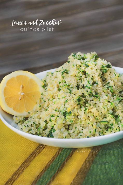 Lemon Quinoa Recipes, Quinoa Pilaf Recipes, Quinoa And Zucchini Recipes, Lemon Dishes, Vege Dishes, Quinoa And Rice, June Recipes, Zucchini Quinoa, Quinoa Salads