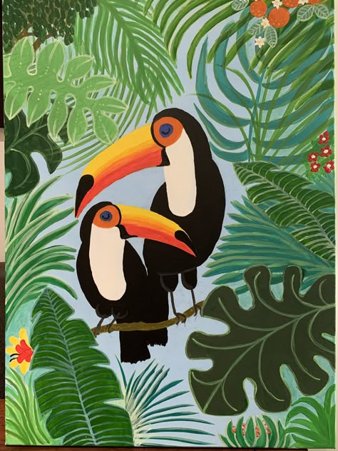 Jungle Painting Ideas, Jungle Animals Painting, Jungle Illustration Art, Toucan Acrylic Painting, Jungle Canvas Painting, Jungle Painting Acrylic Easy, Jungle Painting Easy, Jungle Acrylic Painting, Jungle Painting Acrylic