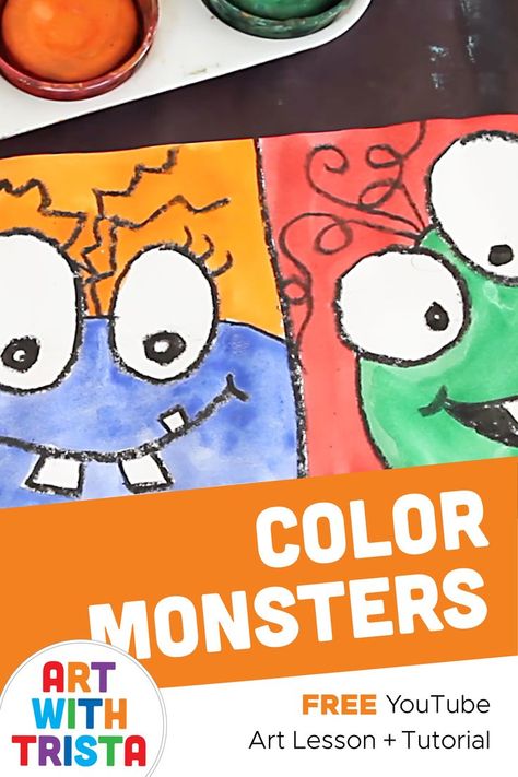 How to draw 3 different monsters with a black crayon using a technique called crayon resist to paint the negative space around the monster and the monster itself using a complementary pair of colors. Monster Tutorial Drawing, How To Draw Monsters Step By Step, Monsters Painting, Colorful Art Projects, Black Crayon, Color Unit, Directed Drawing, Monster Drawing, Elementary Art Projects