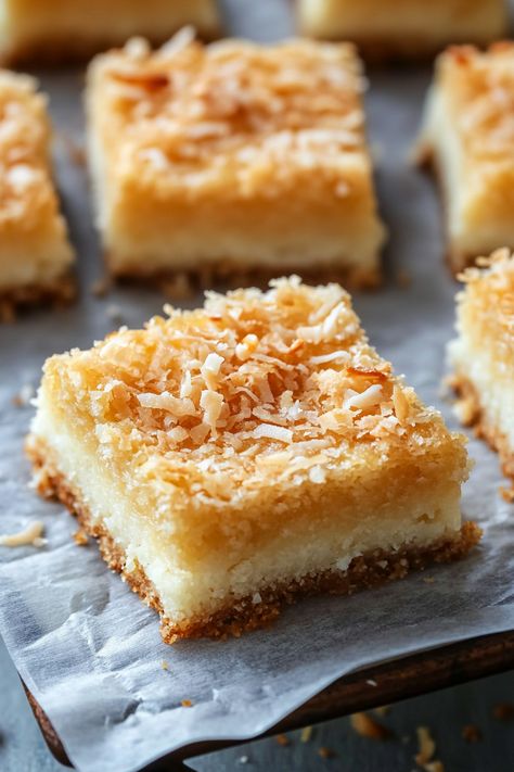 These Chewy Coconut Bars are made with simple ingredients: butter, eggs, flour, sugar, vanilla, unsweetened coconut flakes, and the secret ingredient—marshmallows. They're the perfect treat to enjoy with coffee or tea, and for an extra indulgent experience, warm them in the microwave for 10-15 seconds and top with a scoop of vanilla ice cream. In Coconut Butterscotch Bars, Chewy Coconut Bars, Coconut Butter Bars, Fresh Coconut Recipes, Coconut Bakes, Coconut Cream Bars, Coconut Bars Recipe, Butterscotch Bars, Coconut Baking