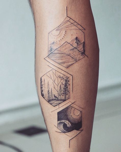 Hexagon Mountain Tattoo, Mountain Ocean Forest Tattoo, Nature Linework Tattoo, Forest And Ocean Tattoo, Geometric Nature Tattoo Sleeve, Calf Tattoo Geometric, Linework Wolf Tattoo, Fine Line Nature Tattoo Sleeve, Geometric Nature Tattoo Design