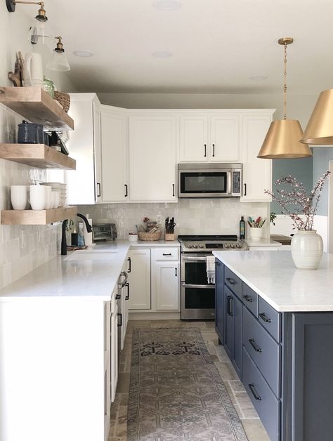 Kitchen With White Cabinets And Blue Island, White Uppers Blue Lowers Kitchen, Kitchen Backsplash With White Cabinets And Blue Island, Grey White And Blue Kitchen, White Kitchens With Blue Islands, Kitchen Blue Island White Cabinets, White Kitchen Blue Island Black Hardware, Blue Island With White Cabinets, White Kitchen With Painted Island