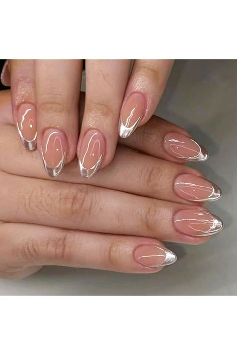 24Pcs Silver French Tip Press on Nails Short Fake Nails Almond False Nails French Glue on Nails Design Full Cover Stick on Nails Nude Glossy Acrylic Nails Silver Nails Tip French Manicure for Women Metalic French Nail Designs, French Nails Silver Tip, Nude And Silver Nails, Silver Almond Nails, Silver French Nails, Silver French Tip Nails, Silver Tip Nails, French Nails Almond, Silver French Tip