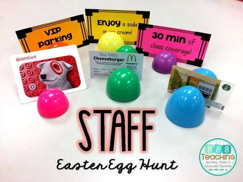 I posted about a Staff Easter Egg hunt on Instagram and many people were interested in how it worked.  I don't have too... Cheap Staff Morale Ideas, Staff Easter Egg Hunt, Staff Treats, Easter Teacher Appreciation, Morale Ideas, Algebra Games, Aba Ideas, Climate Activities, Staff Wellbeing