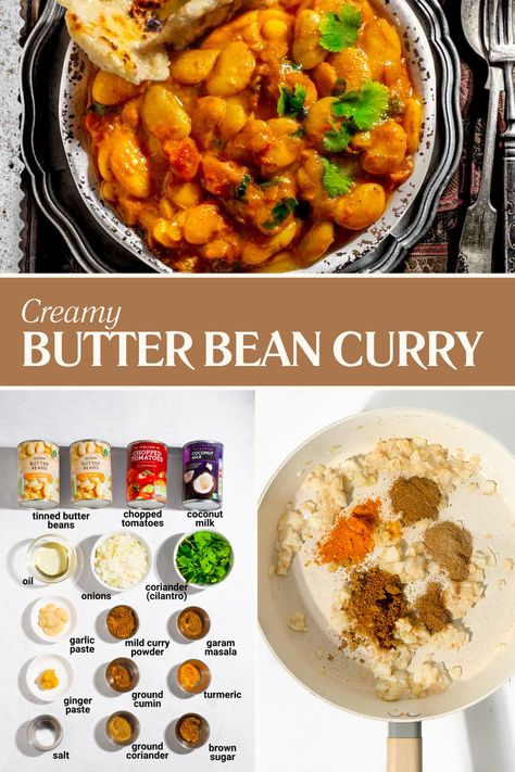 Butter bean curry in a bowl alongside a bowl of rice and a bowl of yoghurt. Butter Bean Curry Recipe, Butter Bean Curry, S&b Curry Recipe, Butterbean Curry, Easy Indian Curry, Bean Curry Recipe, Indian Beans Recipe, Easy Indian Food, Curry With Coconut Milk