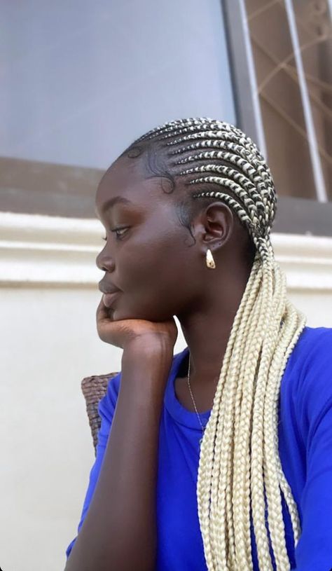 White Box Braids On Dark Skin, Braids For Dark Skin Women, Cornrows With Color, Color Braids On Dark Skin Women, Blonde Cornrows, Braid Colours, Braids 2023, Long Cornrows, Hair Color For Dark Skin