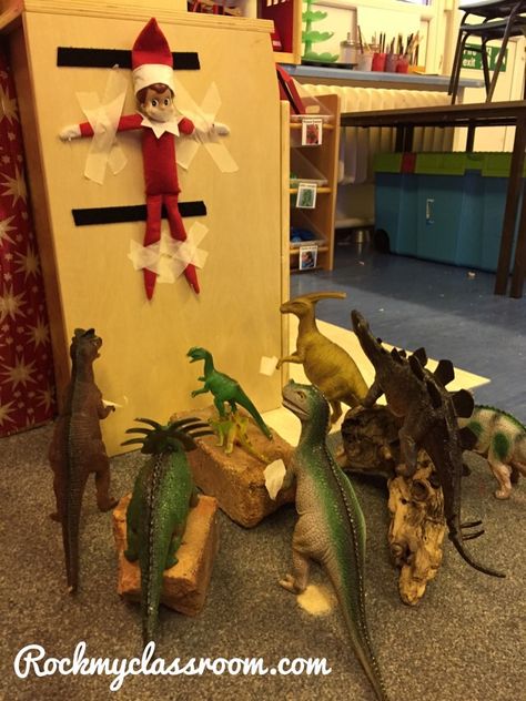 10 Elf On The Shelf Ideas for the Classroom – Rock My Classroom Preschool Elves, Elf Classroom, Toy Dinosaurs, Elf Shenanigans, Dinosaur Christmas Tree, Elf Ideas Easy, Awesome Elf On The Shelf Ideas, Xmas Elf, Elf Antics