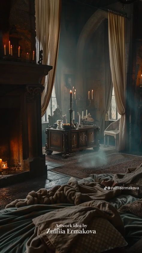 Dark Castle Aesthetic Bedroom, Kings Bedroom Royal, Rustic Castle Interior, Medieval Castle Aesthetic Interior, House Royce Aesthetic, Old Palace Aesthetic, 1400s Aesthetic, Medieval Bedroom Aesthetic, Medieval Room Aesthetic