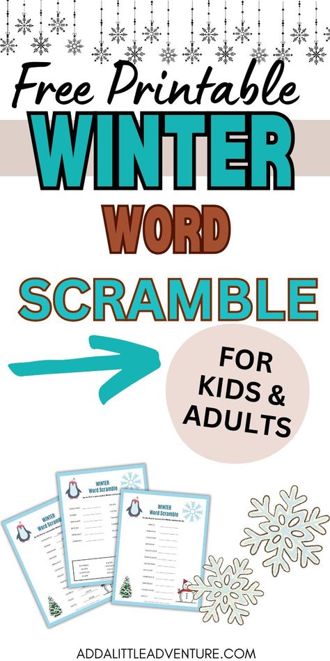 Printable winter word scramble for kids, featuring a fun and festive worksheet where kids can unscramble words. Ideal for holiday activities, word games, and vocabulary practice. Holiday Word Scramble, Winter Bingo Printable Free For Kids, A Words Worksheet, Literacy Night Games, Winter Worksheets For Kids, Fun Word Games, Bingo Printable Free, Winter Word Search, Winter Worksheets